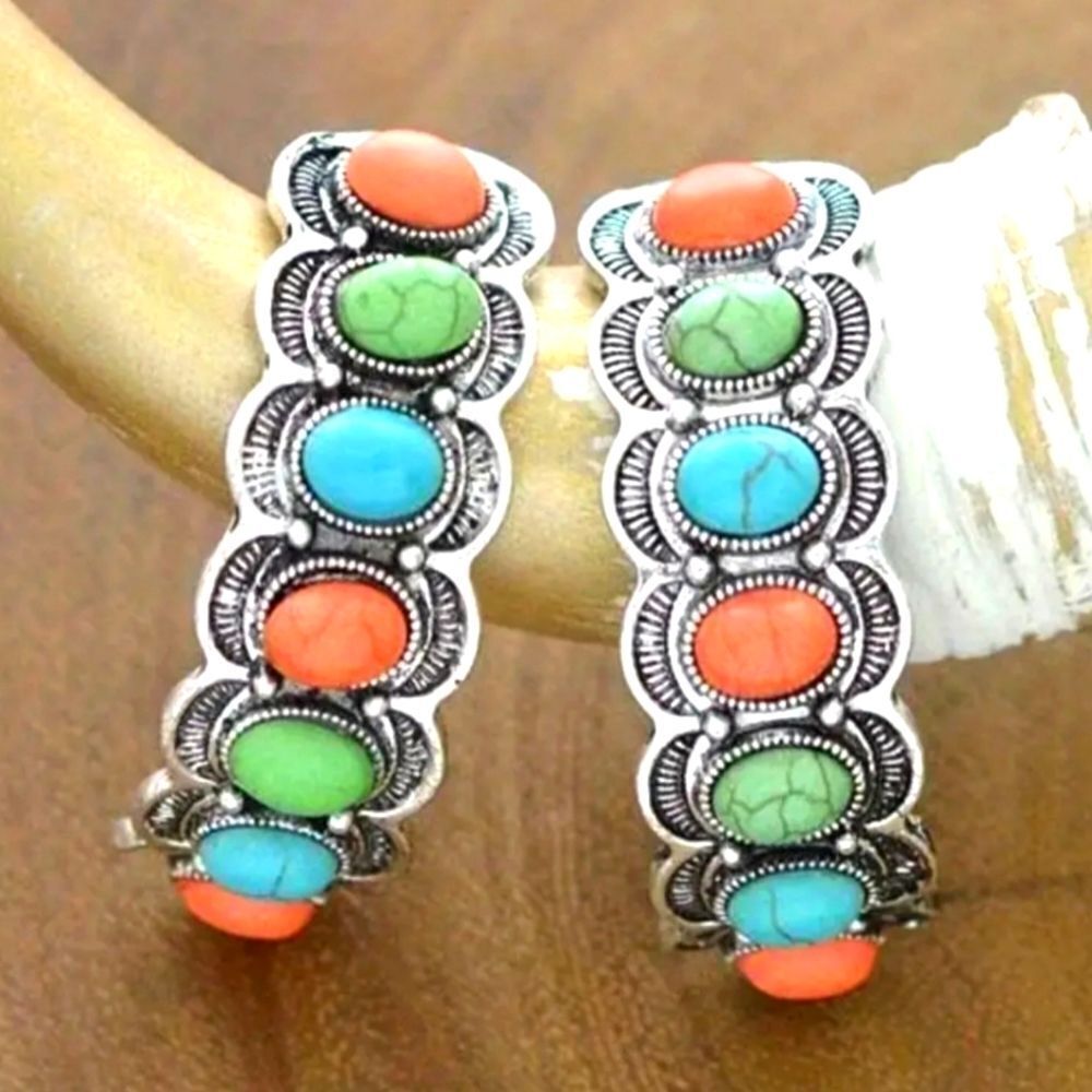 Multicolor Vintage Western Style Large Turquoise C-Shaped Earrings For Women
